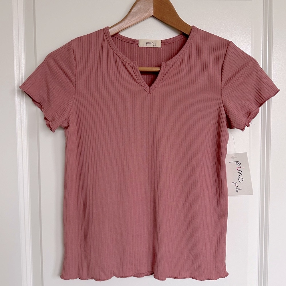 Pinc Ribbed T-Shirt Girls sz 16 Crew Neck V Dip Neck Dusty Rose Tee Balletcore